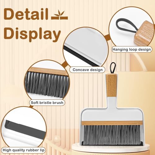 ThinkLearn Mini Dustpan and Brush Set, Bamboo Handle with Rubber Lip | Small Handheld Cleaning Set for Tight Spaces, Small Broom Dustpan for Home Car Camping - color: White