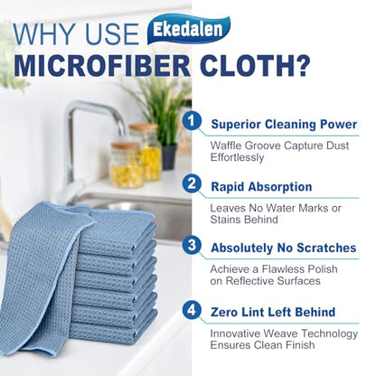 Microfiber Cleaning Cloth Waffle Weave for Dusting Absorbent Towel Quick Drying Dust Rags Household Kitchen, Lint Free Streak Free, 6 Pack,12 x 12 Inches, Blue - color: Blue, 12 X 12 Inch