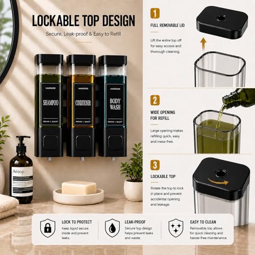 Shampoo and Conditioner Dispenser, Shower Soap Dispenser Wall Mounted, Refillable Shampoo and Conditioner Bottles for Bathroom Hotel Large Capacity(Black) - color: Black