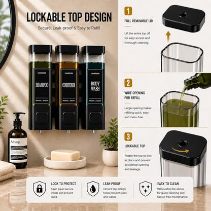 Shampoo and Conditioner Dispenser, Shower Soap Dispenser Wall Mounted, Refillable Shampoo and Conditioner Bottles for Bathroom Hotel Large Capacity(Black) - color: Black
