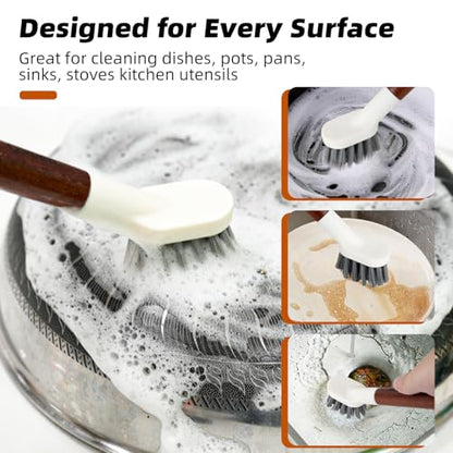 4-Pack Heavy Duty Scrub Brushes with 11" Sapele Wood Handle – PBT Bristles & TPR Loop – Kitchen, Bathroom, Grout, Dish & Tile Cleaner – Durable Non-Slip Multi-Surface Cleaning Brush Set