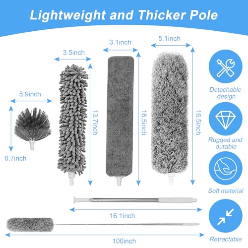 Duster for Cleaning 5-in-1 Kit, 100 Inches Duster with Extension Pole, Extendable Duster, Microfiber Feather Duster, Cobweb Dusters for High Ceilings, Furniture, Blinds, Wall- Grey - color: Gray