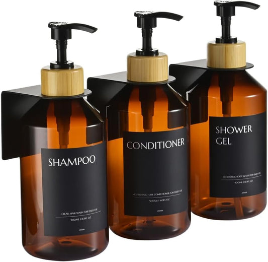 Shampoo and Conditioner Dispenser Set of 3 for Wall Mount,16.9 fl oz Drill Free Shower Soap Bottles with Labels,Refillable Body Wash Dispensers for Bathroom Decor (Amber Bottles + Bamboo Pumps) - color: Amber Bottles + Bamboo Pumps
