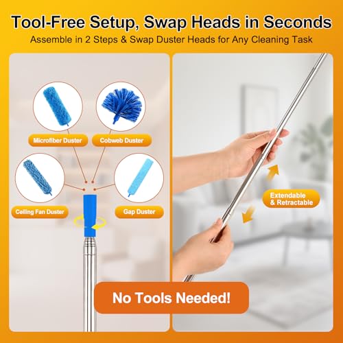 Tiumso 5-in-1 Microfiber Duster Kit with 100” Extension Pole – Reinforced Stainless Steel Telescopic Handle for High Ceiling Fans, Cobwebs & Vents – Multi-Head Dusters for Cleaning with Anti-Spin Pole - color: Sky Blue