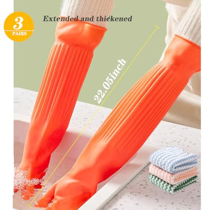 3 Pairs Household Extra Long Kitchen Gloves for Washing Dishes，20.05inches Rubber Cleaning Gloves，Reusable Latex Living Wash Gloves，Long Sleeves(Medium, Red) - size: Medium