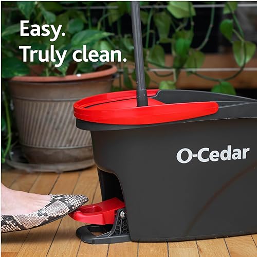 O-Cedar EasyWring Microfiber Spin Mop & Bucket Floor Cleaning System + 2 Extra Refills, Red/Gray - style: Spin Mop & Bucket with 2 Extra Refills