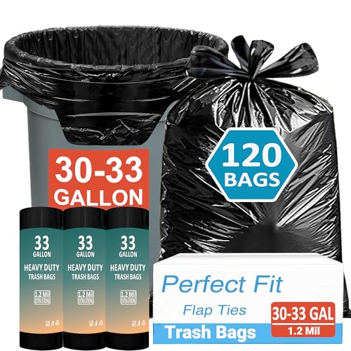33 Gallon Trash Bags 120 Count 1.2 Mil Compatible with Brute 32 Gallon Can | with 4 Innovative Flap Ties Heavy Duty for 30 32 33 Gallon Round Trash Can Tear & Leak Resistant - size: 120 Count (Pack of 1)