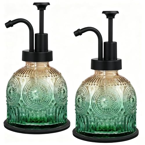 Amolliar 8 Oz Vintage Glass Bathroom Soap Dispensers with Pump, 2 Pack Refillable Kitchen Dish Soap Dispenser with Non-Slip Mat, Antique Rustic Hand Soap Liquid Bottle (Green Gradient-Black Pump) - color: Green Gradient-black Pump-2p, size: 2 PACK