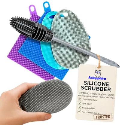 Silicone Dish Scrubber Sponges (5-Pack) - Dual-Sided Silicone Scrubbers and 1 Bottle Stick Brush - Food Grade Kitchen Scrubbers for Dishes - BPA-Free Sponges - color: 4sponges+ Stick