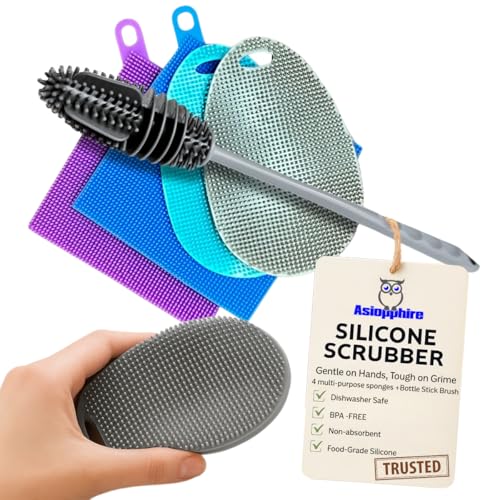 Silicone Dish Scrubber Sponges (5-Pack) - Dual-Sided Silicone Scrubbers and 1 Bottle Stick Brush - Food Grade Kitchen Scrubbers for Dishes - BPA-Free Sponges - color: 4sponges+ Stick
