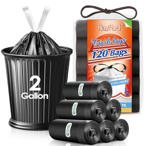 2 Gallon 120 Counts Strong Drawstring Trash Bags Garbage Bags by RayPard, Small Trash Bin Liners for Home Office Kitchen Bathroom Bedroom, Black - style: 120-2 Gallon-Black