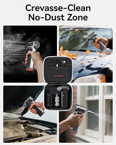 WOLFBOX MF200-2PK Compressed Air Duster - 2 Swappable Battery Packs & Case, Hurricane-Force Electric Air Blower for PC, Car Detailing, Camping & Home, High-Pressure Duster for Narrow Gaps & Crevices