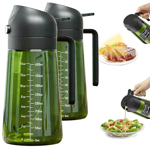 OURCABECUE Upgraded Made Oil Sprayer for Cooking 2 Set, 2 in 1 Spray and Pour Olive Oil Dispenser 16oz 470ml Dark Green Oil Spray Bottle, Mist Olive Oil Dispensing with Scale & 8 Labels - color: Green Bottle-Black Cap Scale