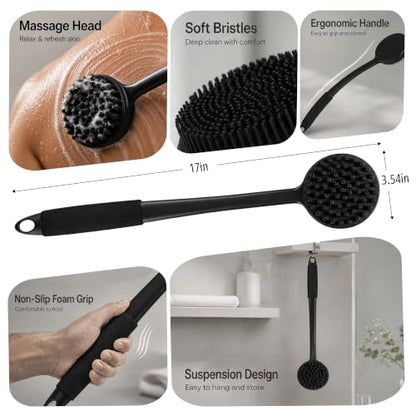 Silicone Back Scrubber for Shower, 17" Lengthen Long Handle Body Brush, Double Sided Shower Brush for Shower Exfoliating and Massage, Can Produce Rich Foam, Non Slip Grip Back Scrubber for Men - color: Black