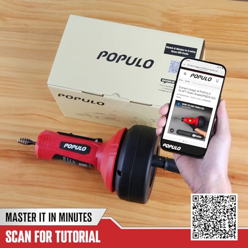 POPULO Auto-Feed 17FT Drain Snake Auger for 3/4"-2" Pipe, Plumbing Snake Drain Auger with Drill Adapter, Sink Snake Drain Hair Remover for Kitchen, Bathroom and Shower Sink, PMDA-5 - style: 16Ft