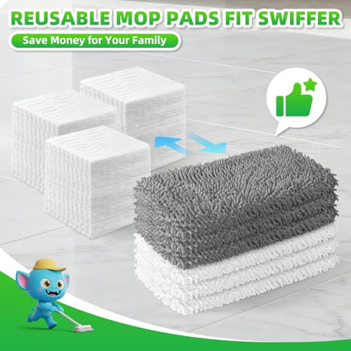 6 Pack Reusable Mop Pads Compatible with Swiffer Sweeper Mop, Wet and Dry Chenille Sweeping Cloths, Washable Pads Refill, Microfiber Pads for Multi-Surface/Hardwood Floor Cleaning (Gray, White) - color: Gray, White