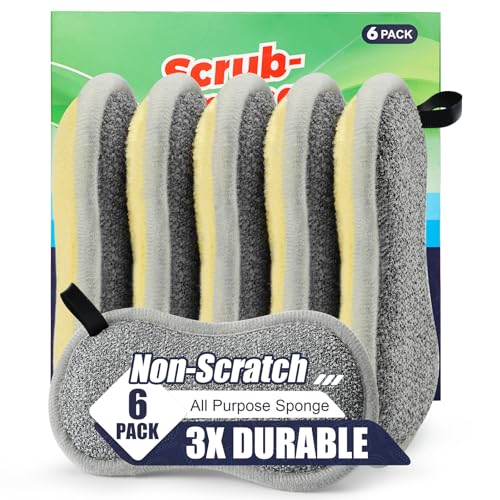 Dual Sided Multi-Purpose Sponges Kitchen,Non Scratch Dish Sponge for Washing Dishes Cleaning Kitchen，Rough Scrubbers for Non-Stick Cookware, Soft Microfiber Scrub for Dishes(Yellow,6Pack) - color: Yellow