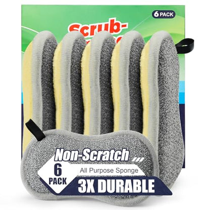 Dual Sided Multi-Purpose Sponges Kitchen,Non Scratch Dish Sponge for Washing Dishes Cleaning Kitchen，Rough Scrubbers for Non-Stick Cookware, Soft Microfiber Scrub for Dishes(Yellow,6Pack) - color: Yellow