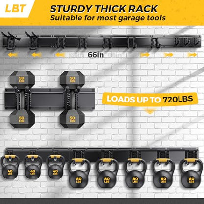 LBT 66" Garage Tool Organizer Wall Mount - 720lbs Garden Tool Organizer with Adjustable Hooks, Heavy Duty Metal Garage Storage Rack, Anti-Rust Shed Rack Holder Hanging Rake Broom Mower Snowboard - size: 66inch