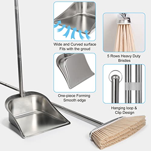 VOOWO Broom and Dustpan Set for Home, Stainless Steel Broom and Dustpan Set with Long Handle, Heavy Duty Dustpan Broom Set Standing Dust Pan Kitchen and Home Indoor Outdoor Broom - color: Silver Broom and Dustpan Set