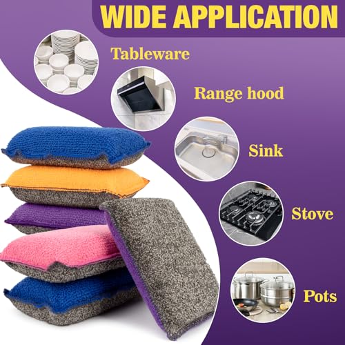 Non Scratch Microfiber Dish Scrubber - Kitchen Sponges 8 Pack Double-Sided Heavy Duty Dish Scrubber with High Density Foam for Washing Dishes, Pots & Sink Cleaning Reusable Sponge Set 4 Colors