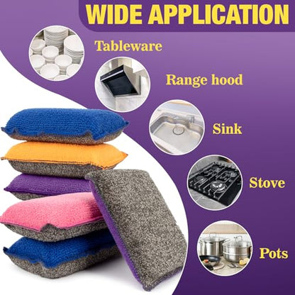 Non Scratch Microfiber Dish Scrubber - Kitchen Sponges 8 Pack Double-Sided Heavy Duty Dish Scrubber with High Density Foam for Washing Dishes, Pots & Sink Cleaning Reusable Sponge Set 4 Colors