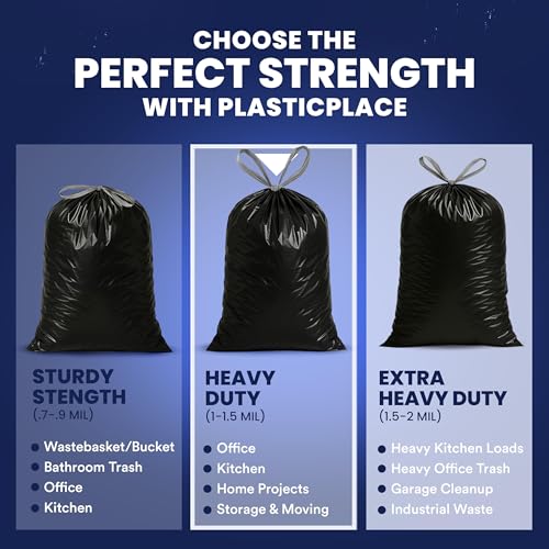 Plasticplace 32-33 Gallon Trash Bags │ 1.2 Mil │ Drawstring Garbage Can Liners │ 33” x 39”, Black, 100 Count