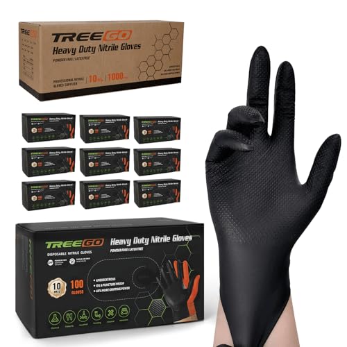 TREEGO 10 Mil Black Nitrile Gloves Bulk Case, 1000 Count Medium — Heavy Duty Diamond Grip, Latex Free Disposable Gloves for Automotive, Industrial, Warehouse & Shop Use - color: Black 1000, size: Medium