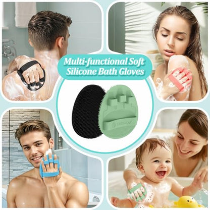 Silicone Back Scrubber & Bath Glove Set 2PCS, 13.4'' Gentle Shower Back Scrubber with Dual-Side Head Non-Slip Handle, 360° Anti-Slip Hand-fit Bath Glove for Rich Foaming Deep Cleaning(Green) - color: Green*2