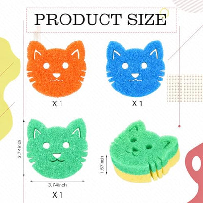 FillTouch 3 Pcs Dual Sided Scrub Sponge Multi Functional Cute Temperature Sensitive Non Scratch Dish Sponge for Washing Dishes Kitchen Bathroom (Cat,Green, Orange, Blue) - color: Green, Orange, Blue, style: Cat