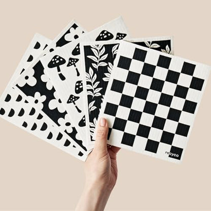 RECYCO Swedish Dishcloths for Kitchen | 5 Pack Mystic Meadows Washable Dish Rags | Cellulose Reusable Cleaning Paper Towels | Absorbent Counter Dish Cloth Sponge Kitchen Wipes, 8" L x 7" W - color: Black & White Mystic Meadows-5 Pack