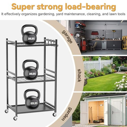Cuteam Garden Tool Organizer, 35-Slot Steel Rolling Rack with Wheels, Adjustable Feet Yard Tool Rack for Shovels, Rakes, Brooms and Cleaning Equipment, Efficient Tool Organization System (Black)