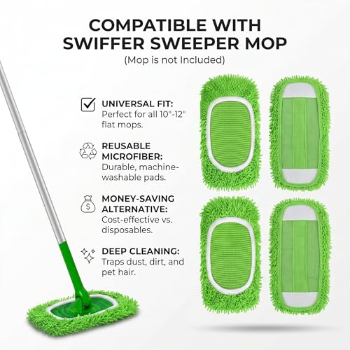 Reusable Microfiber Mop Pads, Compatible with Sweeper Sweeping Mopping pad Refills Cloths for Surface/Hardwood Floor Cleaning (4 Pack Green) - color: 4 Pack Green
