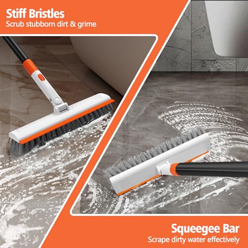 NEWE Floor Scrub Brush with Long Handle, 2 in 1 Stiff Bristles Scrubber Mop with Squeegee for Cleaning Deck Tile Tub Garage Patio Wall Sink Bathroom Kitchen