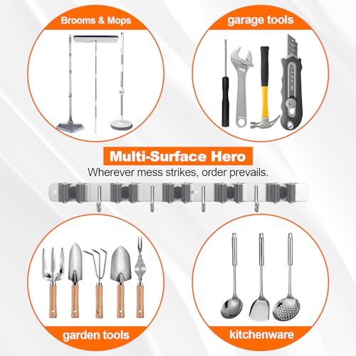 Broom Holder Wall Mount, Mop and Broom Organizer Broom Hanger Storage Tool Utility Racks Stainless Steel Wall Hooks Solid Mop Rack for Home Kitchen Garden Laundry Garage (5 Racks 4 Hooks) - size: 5 Racks 4 Hooks