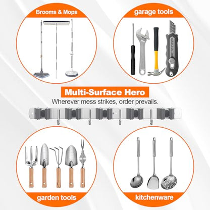 Broom Holder Wall Mount, Mop and Broom Organizer Broom Hanger Storage Tool Utility Racks Stainless Steel Wall Hooks Solid Mop Rack for Home Kitchen Garden Laundry Garage (5 Racks 4 Hooks) - size: 5 Racks 4 Hooks