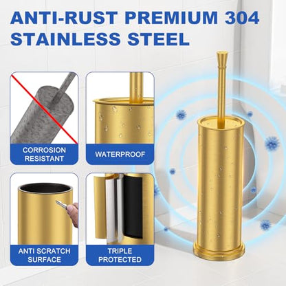 Toilet Brush and Holder Set：304 Stainless Steel Heavy Duty Toilet Bowl Brush，Removable Inner Bowl and Splash Protection，Bathroom Toilet Brush-Dense Bristles for Through Cleaning - color: Gold