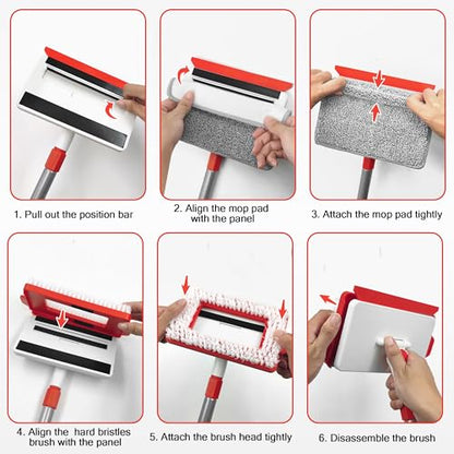 JEHONN Baseboard Cleaner Tool with Handle, 56 inches Base Boards Cleaning Mop Scrubber, 1 Stiff Bristles Brush, 2 Chenille and 2 Microfiber Pads, Wall Duster for Floorboard Ceiling Window Tile - color: Red
