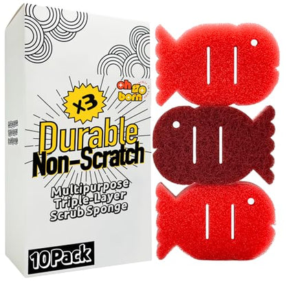10 Pack Multipurpose Dual Sided Triple Layer Dish Sponges Kitchen | Boil Safe Scratch Free Odor Resistant Extra Durable | Flexible and Durable Design for Long Lasting Use (10, Fish) - style: Fish - 10ct