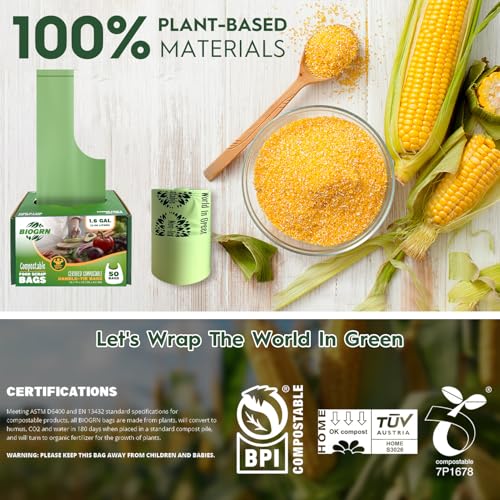 Compostable Trash Bags 1.2-1.6 Gallon Handle Tie 50 Count 0.6 Mil 6.06 Liter Small Compost Bags for Countertop Bin Biodegradable Bags Green for Kitchen ASTM D6400 & BPI Certified, OK Compost Home - color: 1.6 Gal, Handles Bags, 50 Count
