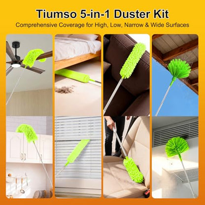 Tiumso Duster with Extension Pole 100 inch Extendable Reusable Dusters for Cleaning 5-in-1 Anti-Spin Dusting Kits for High Ceiling Fans, Cobwebs & Vents, Reinforced Stainless Steel Telescopic Handle - color: Lime Green