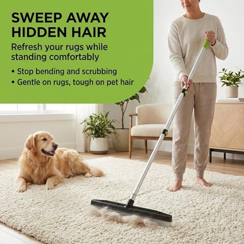 Room Groom Carpet Rake and Groomer with Telescoping 54 Inch Adjustable Handle, Portable Design, Carpet Brush Ideal for Pet Hair, Refreshing High Pile Carpets, Rugs, and Artificial Turf - style: Original