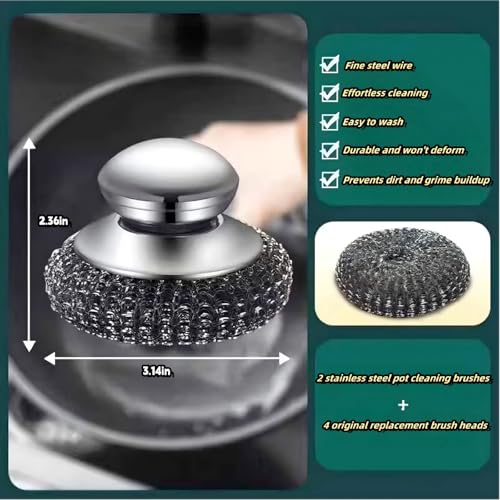 6Pcs Steel Wool Scrubber, Stainless Steel Scouring Pads with 2pcs Handle - Ultimate Cleaning Solution for Dishes, Kitchen Cleaning, Stoves, Pots and Pans, Grill, Wash Sink, Cleaning Dishes