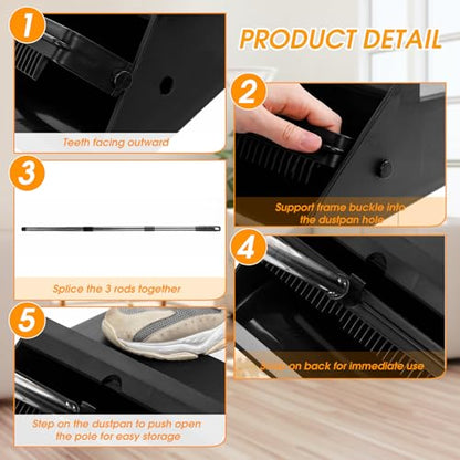 Leumoi 4 Pcs Dust Pans with Long Handle Set 36.6 Inch Commercial Dust Pan with Comb Large Plastic Stand up DustPans for Outdoor Indoor Restaurant Home Office Floor Cleaning (Black)