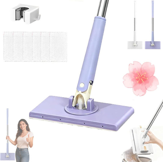 Zero Touch Grip Lock Mop, Planvisi Mop, Zero Touch Fiber Lock MiniMop, Portable Self-Squeeze LazyMop Snap Grip ClipMop, Hands-Free Flat FloorMop for Hardwood Tile Cleaning (Purple, 28in+6 Cloth) - color: Purple, size: 28in+6 cloth