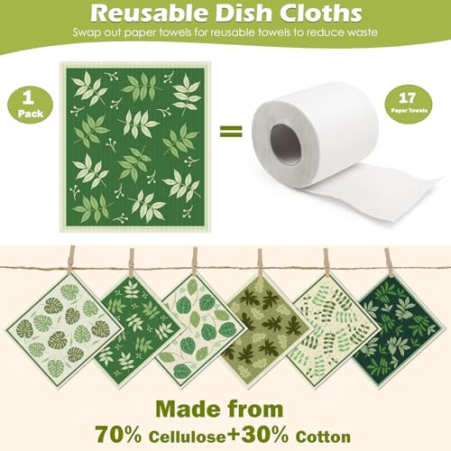 6 Packs Swedish Paper Cloths for Kitchen, Reusable Paper Towels Washable Dish Rags, Highly Absorbent Kitchen Towels Quick Drying Swedish Sponge Cleaning Dish Cloths(Green Plant Leaves) - color: Green Plant Leaves