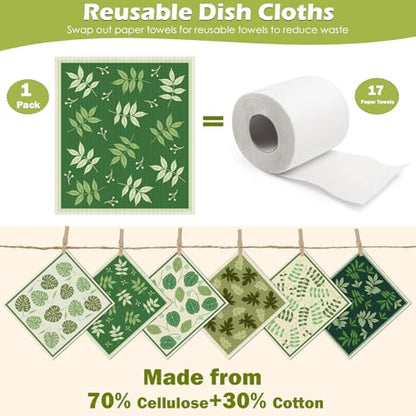6 Packs Swedish Paper Cloths for Kitchen, Reusable Paper Towels Washable Dish Rags, Highly Absorbent Kitchen Towels Quick Drying Swedish Sponge Cleaning Dish Cloths(Green Plant Leaves) - color: Green Plant Leaves
