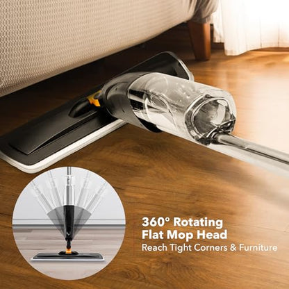 OVENTE Microfiber Spray Mop for Floor Cleaning with Refillable Bottle, Washable and Reusable Pad, 360° Spin Flat Cordless Wet Scrubber for Hardwood, Ceramic, Laminate and Vinyl Tiles, Black CTM121BGD