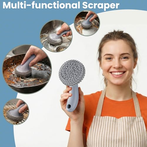 Cast Iron Scrubber with Long Handle | 316 Cast Iron Cleaner Chainmail Scrubber for Pan Skillet Cleaner - Dish Scouring Pad Dishwasher Safe Cleaning Kit (Grey, 1 Scrubber + 1 Scraper) - color: Grey, 1 Scrubber + 1 Scraper