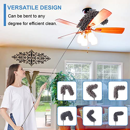 Upgraded Dusters for Cleaning (6pcs), Ceiling Fan Duster with 100" Thickened Extension Pole, Extendable Long Microfiber Duster for High Ceilings, Reusable & Washable Dusting Wand by OOSOFITT - color: Gray